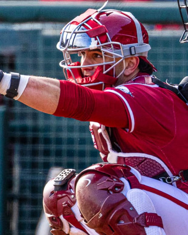 Razorbacks catcher Ryder Helfrick against James Madison